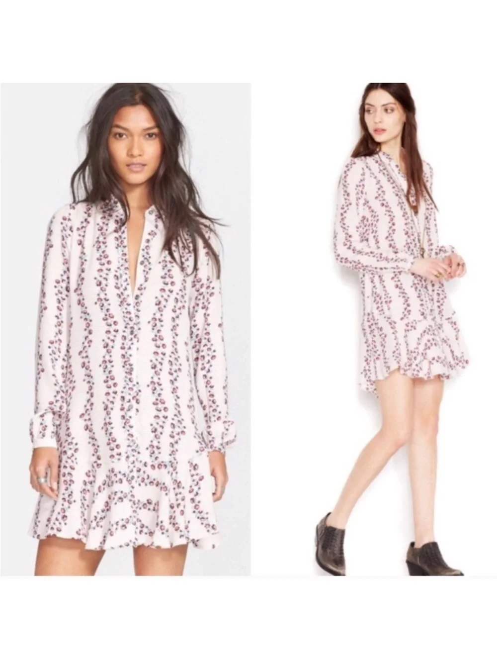 Free People floral print button down shirt dress cream with brown red green